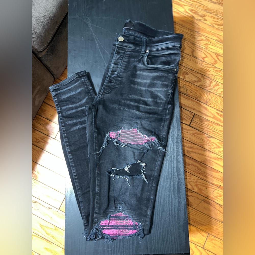 Authentic AMIRI Black and Purple Distressed Skinny Jeans